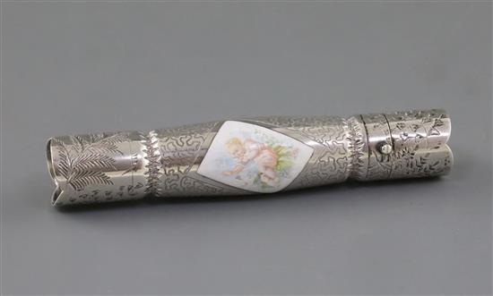 A Victorian silver novelty double scent bottle modelled as a cracker, inset enamel panel, by Samuel Mordan & Co., London 1883